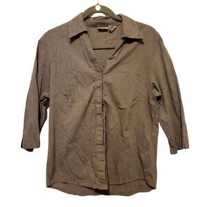 St. Johns Bay Womens Sz L Gray  Solid 3/4 Sleeve Button Down Blouse